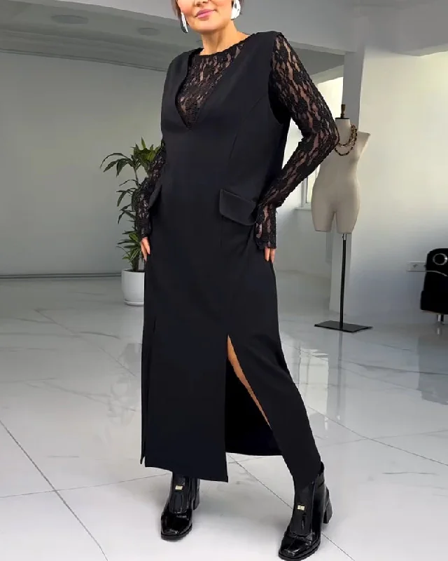 European And American Lace Stitching Slit Dress Travel unclassified dresses