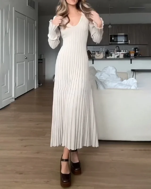 V-neck rib solid color dress Stretchy unclassified dresses