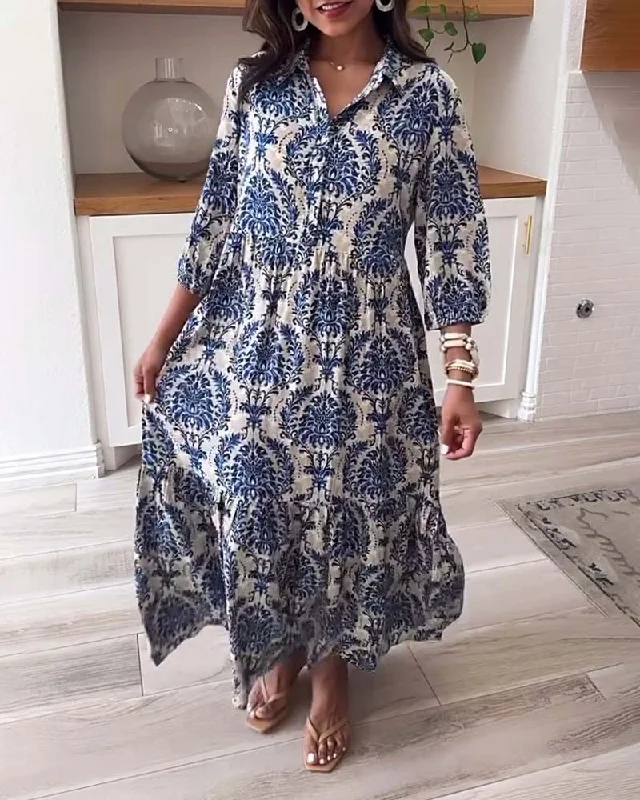Lapel Printed Loose Holiday Dress Off-shoulder unclassified dresses