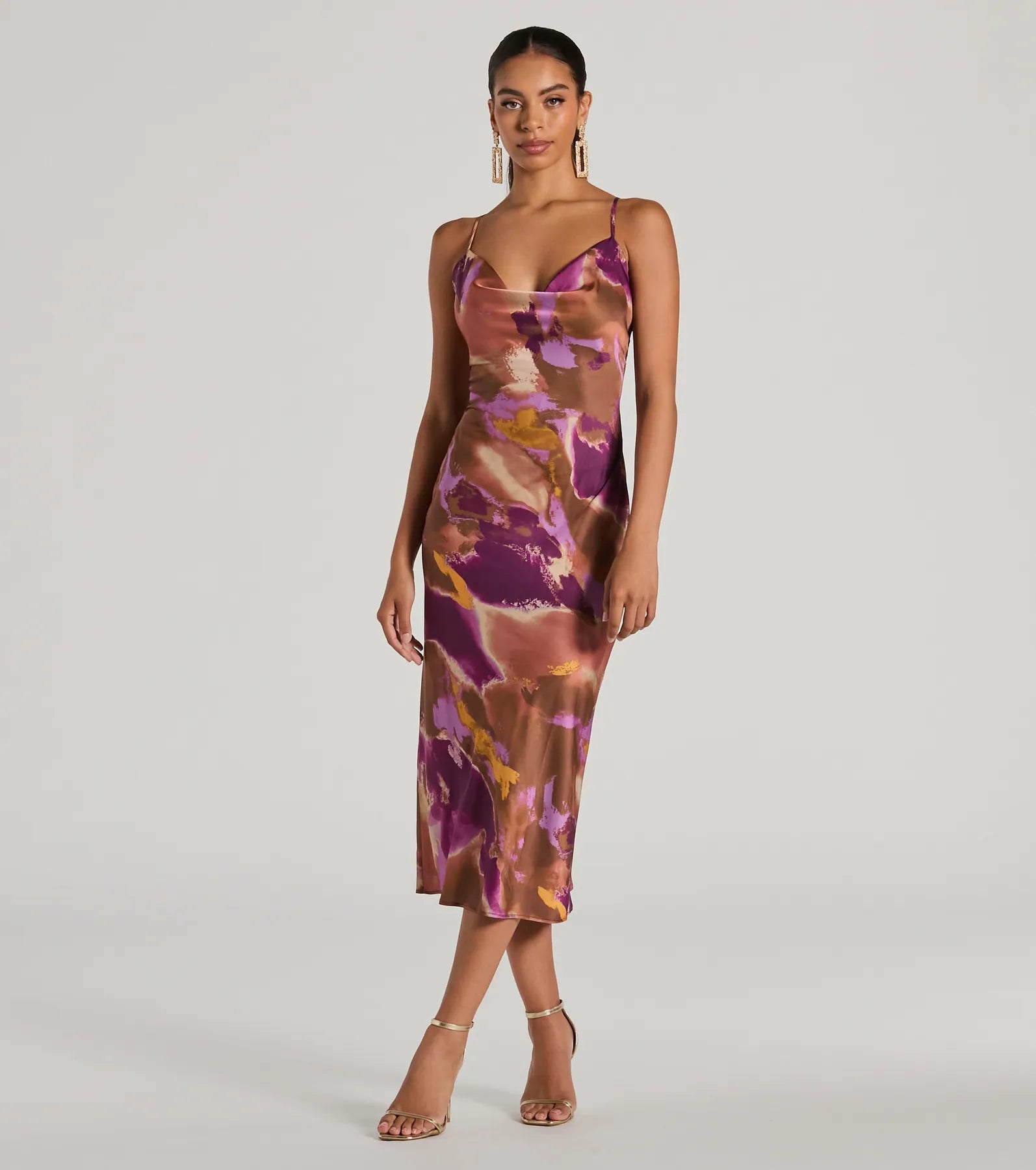 Always Impress Cowl Neck Tie-Dye Satin Midi Dress Chic unclassified dresses
