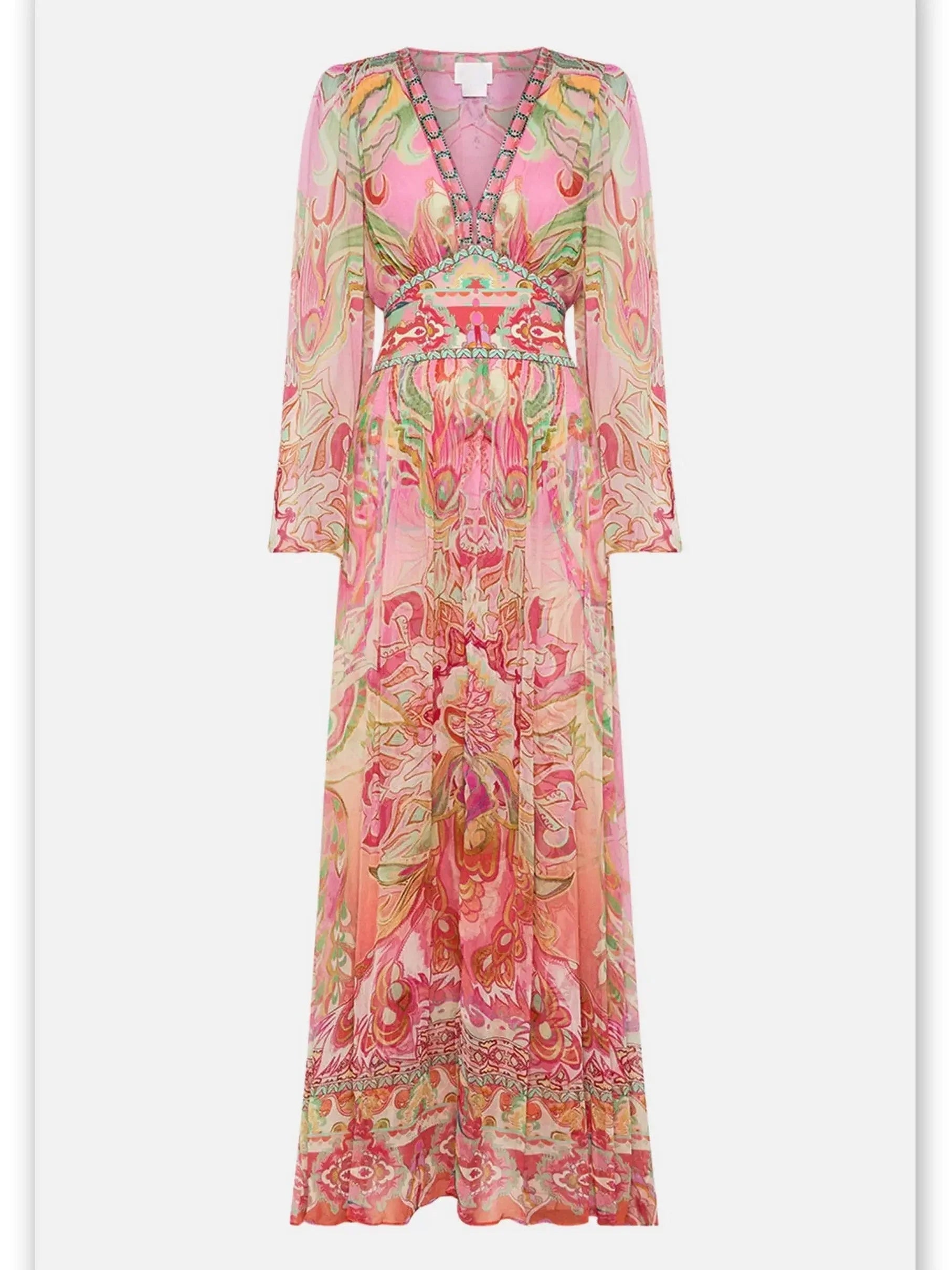 Retro Pink Plunge-V-Neck Gown with Shaped Waistband Best-selling unclassified dresses