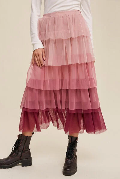 Blue Zone Planet |  Elastic Waist Layered Tulle Midi Skirt Satin unclassified dresses