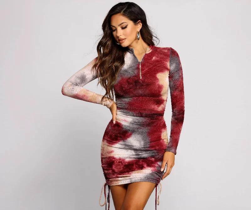 Keeping Knit Retro Tie Dye Ruched Mini Dress Corset unclassified dresses