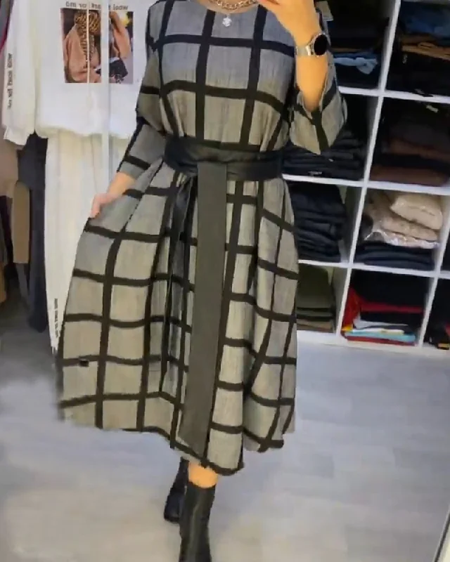 A-Line Plaid Dress with Round Neck Chic unclassified dresses