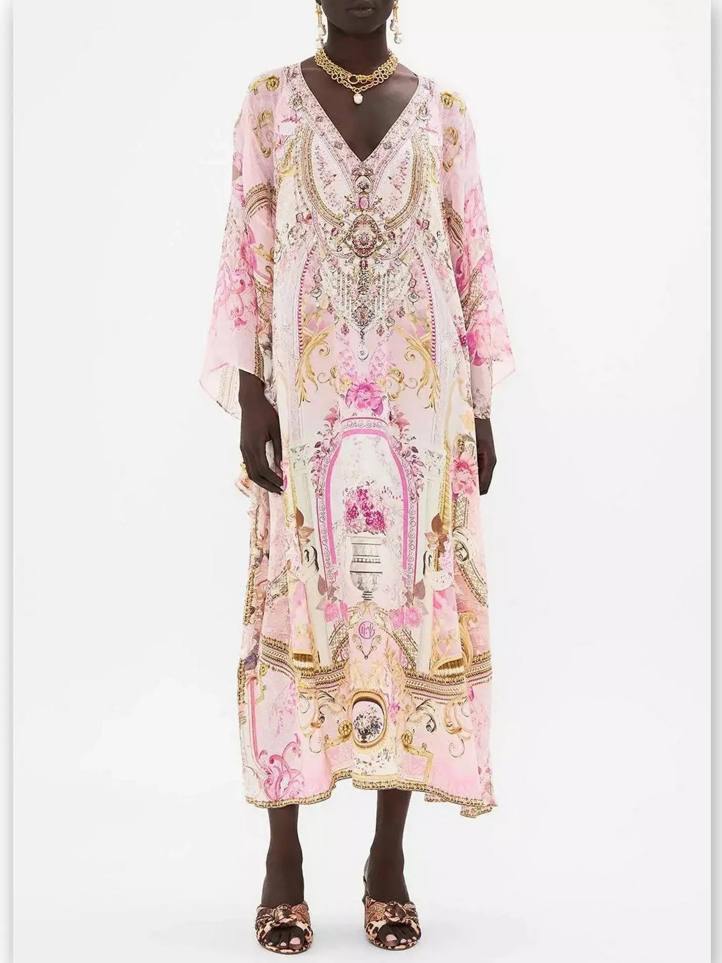 Printed V-Neck Pink Toned Kaftan Dress with Raglan Sleeves Anniversary unclassified dresses