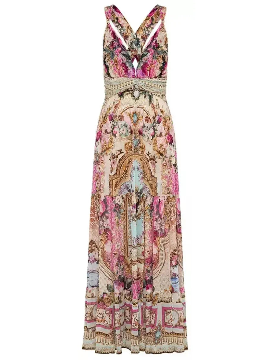 Printed Sleeveless Silk T Back Gathered Panel Dress Soft fabric unclassified dresses