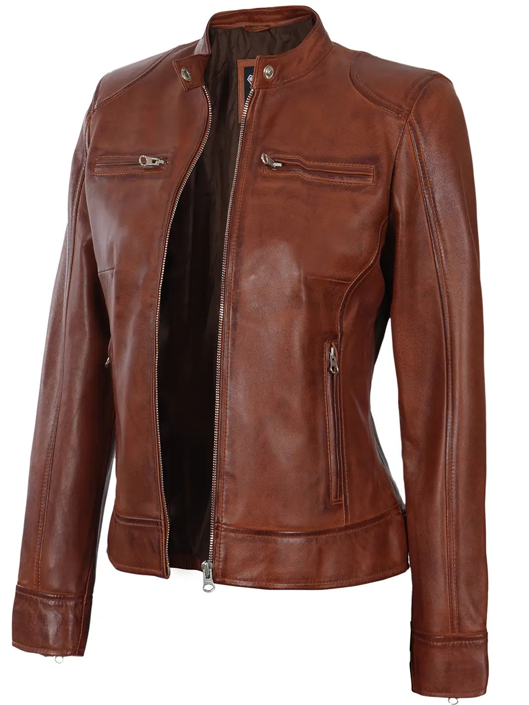 Dodge Womens Cognac Motorcycle Leather Jacket Women's designer jackets