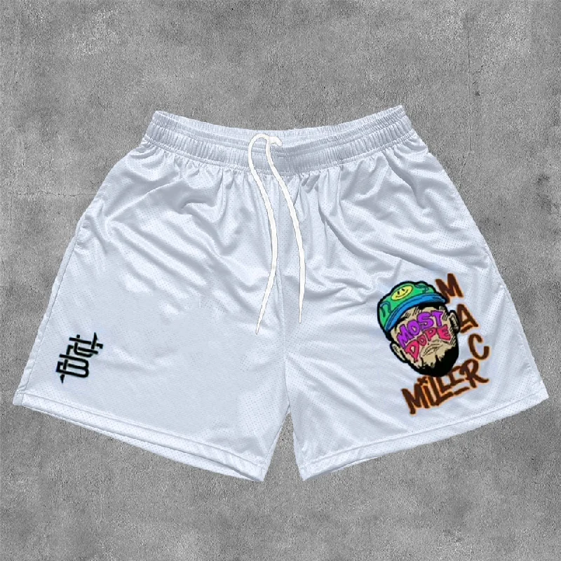 Fashion Mac Miller Print Mesh Shorts Cropped Ruffled Denim Shorts