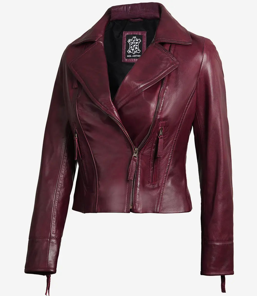Ramsey Women's Maroon Leather Moto Jacket Women's best value jackets