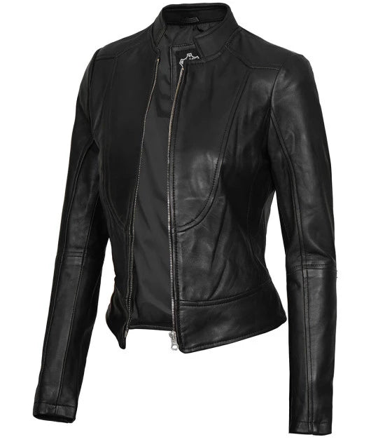Amy Women's Black Café Racer Leather Jacket Women's polyester jackets