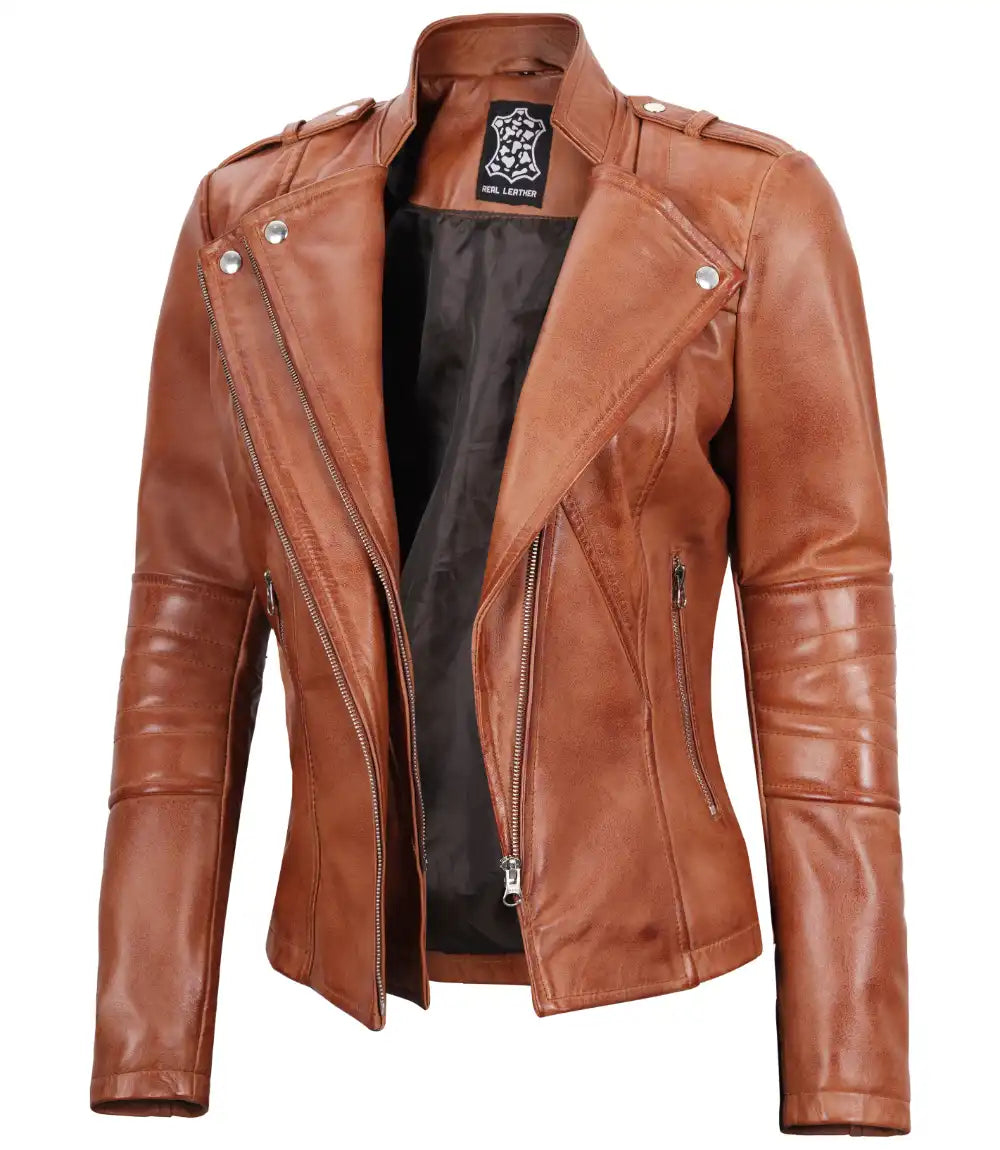 Monica Women's Tan Asymmetrical Biker Leather Jacket Women's winter puffer jackets
