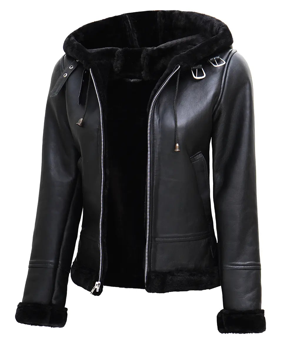 Women's Black Real Leather Hooded Shearling Jacket Women's must-have jackets