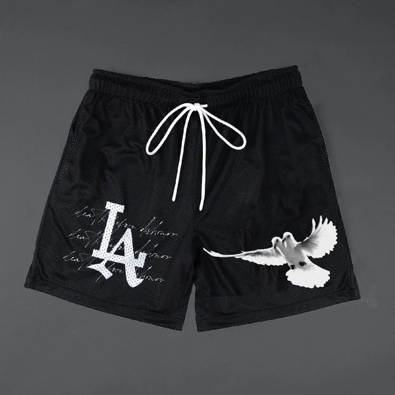 LA Dove Print Casual Street Mesh Shorts Embellished Side Shorts