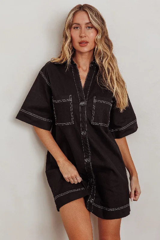 Admiration Contrast Stitching Boxy Mini Dress Black Office mini dresses