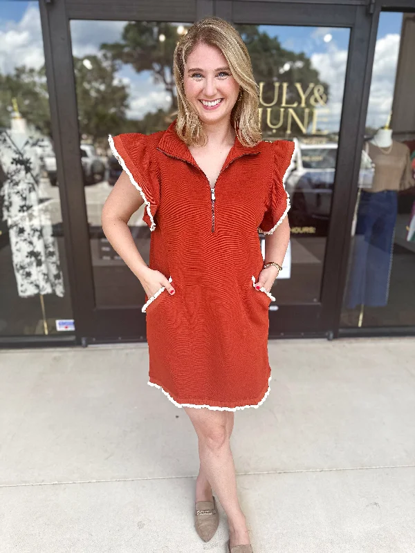 Ruffle Zip Mini Dress - Rust Wedding guest mini dresses
