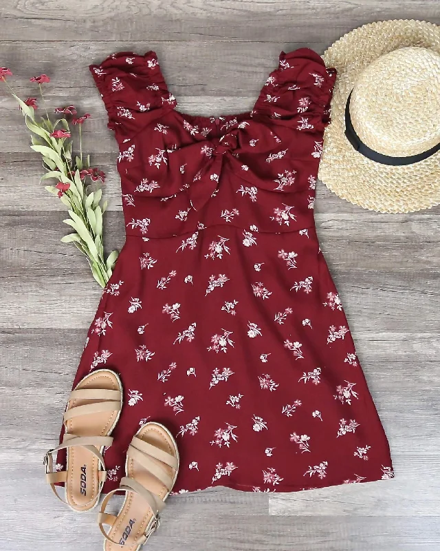 Off The Shoulder Sweetheart Front Tie Fit and Flare Mini Dress - Floral Burgundy Revolve mini dresses