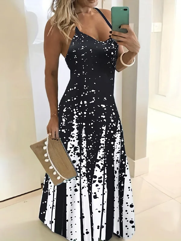Color Block Spaghetti Dress, Casual V Neck Sleeveless Slim Waist Maxi Dress Best maxi dresses for curvy figures