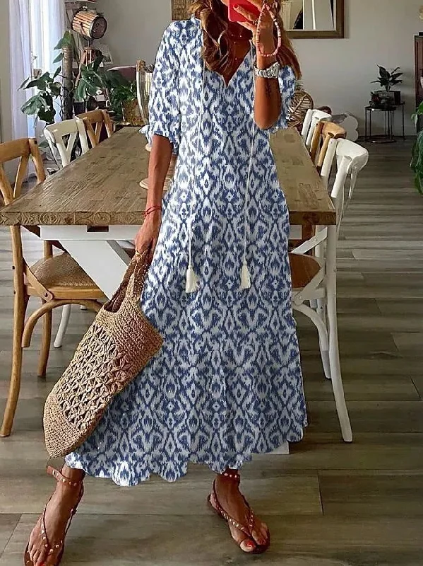 V Neck Half Sleeve Loose Floral Maxi Dress Strapless maxi dresses