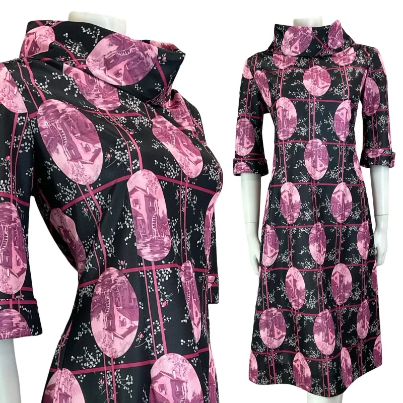 VTG 70S COWL NECK WATERWHEEL COTTAGE MOTIF BLACK PINK MIDI DRESS SIZE 14 Designer midi dresses