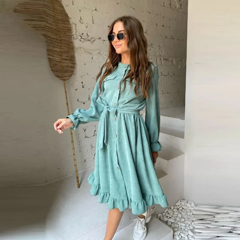 Women Corduroy Ruffle Dress Casual Long Sleeve O Neck Button Sashes Dresses Vintage A-Line Party Knee Dress 2022 Autumn Winter Y2K party dresses