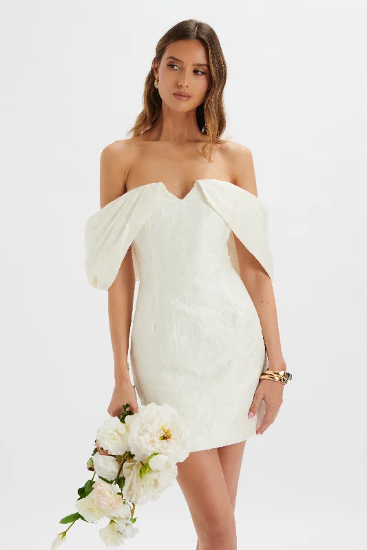 KATELYNN Bardot Mini Dress with Puff Sleeve in White Jacquard--A-line Mini Skirt