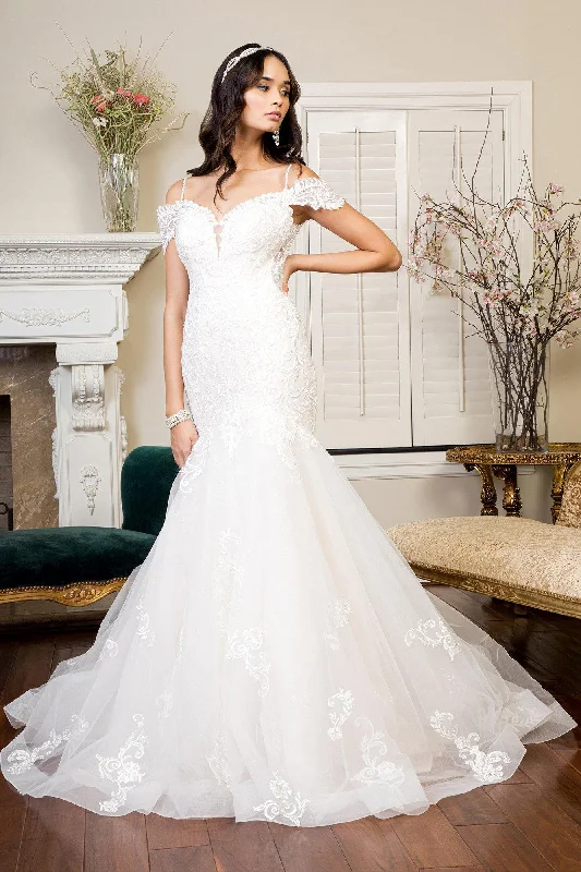 Long Off Shoulder Mermaid Wedding Gown Tiered Wedding Dress
