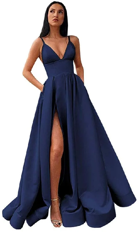 V-Neck Slit Satin Long Prom Dress Spaghetti Strap Evening Ball Gown with Pockets S14431 Flowing Maxi Skirt