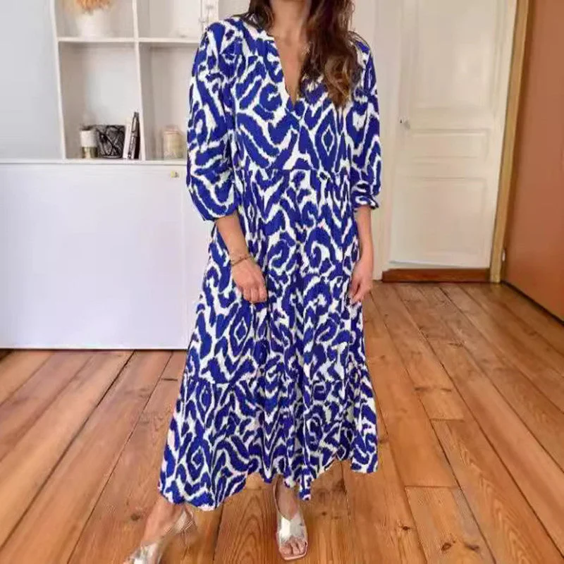 Women's Long Sleeve V-neck Printed Dress Maxi Skirt Look